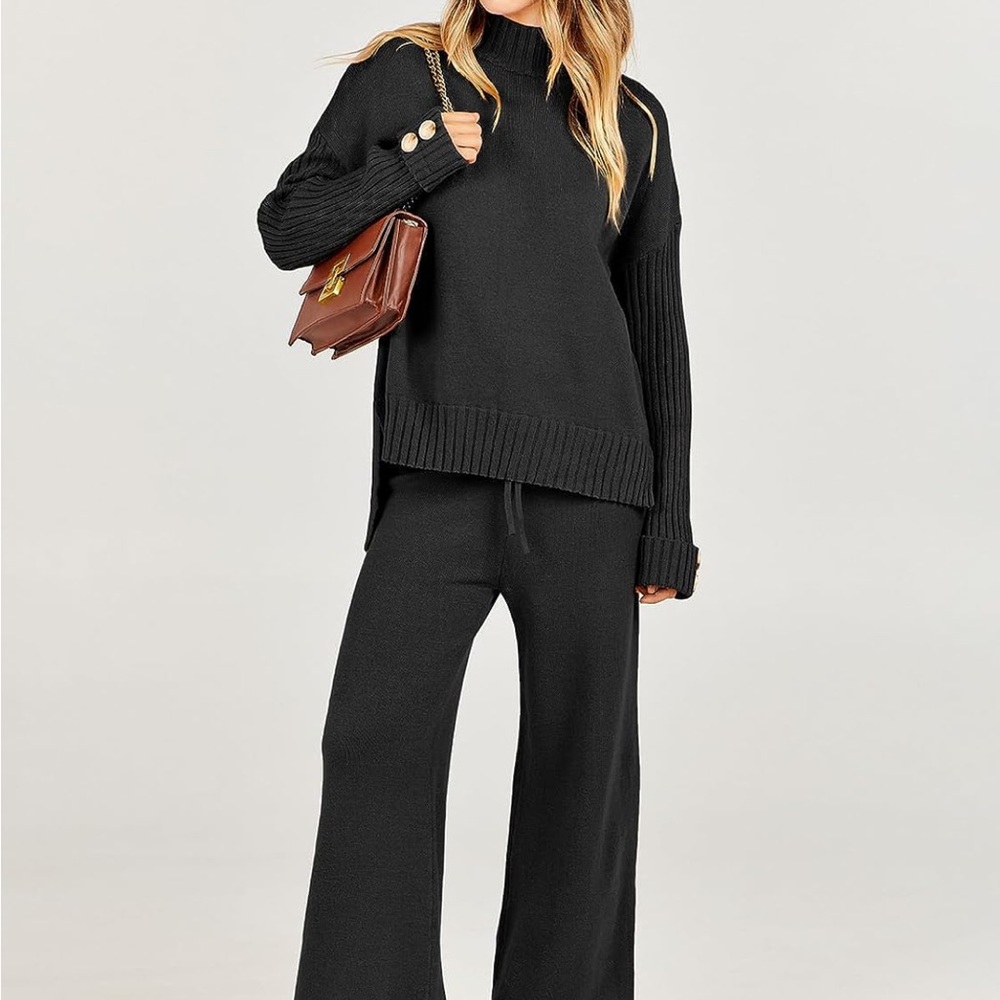 Anrabess Two Piece Black Knit Sweater Lounge Pants Cozy Set Wide Leg Mock XL NWT